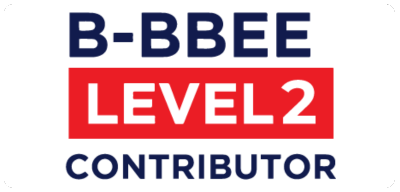 B-BBEE Level 2 Contributor logo with blue and red text on a white background