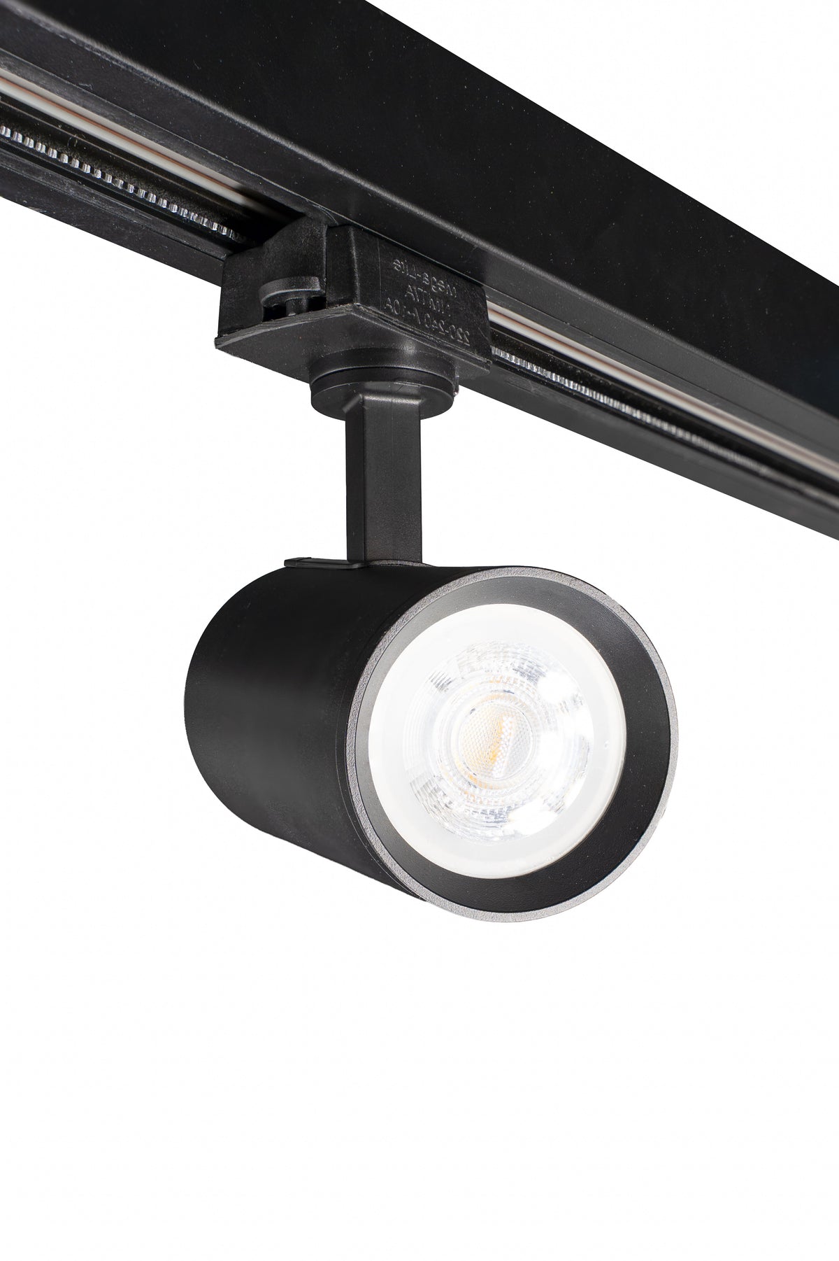 Black track light fixture on a white background