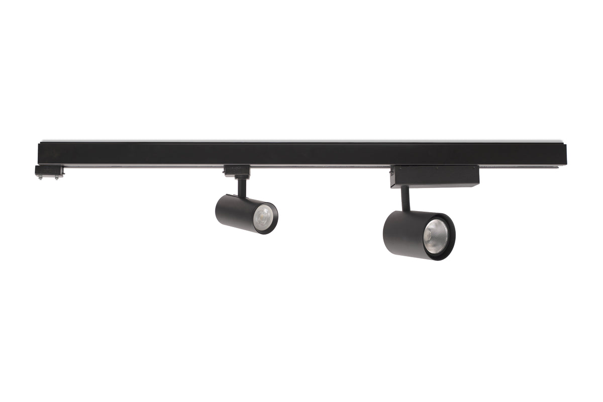 Black track light fixture with two spotlights on a white background