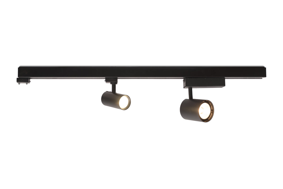 Black track light fixture with two spotlights on a white background