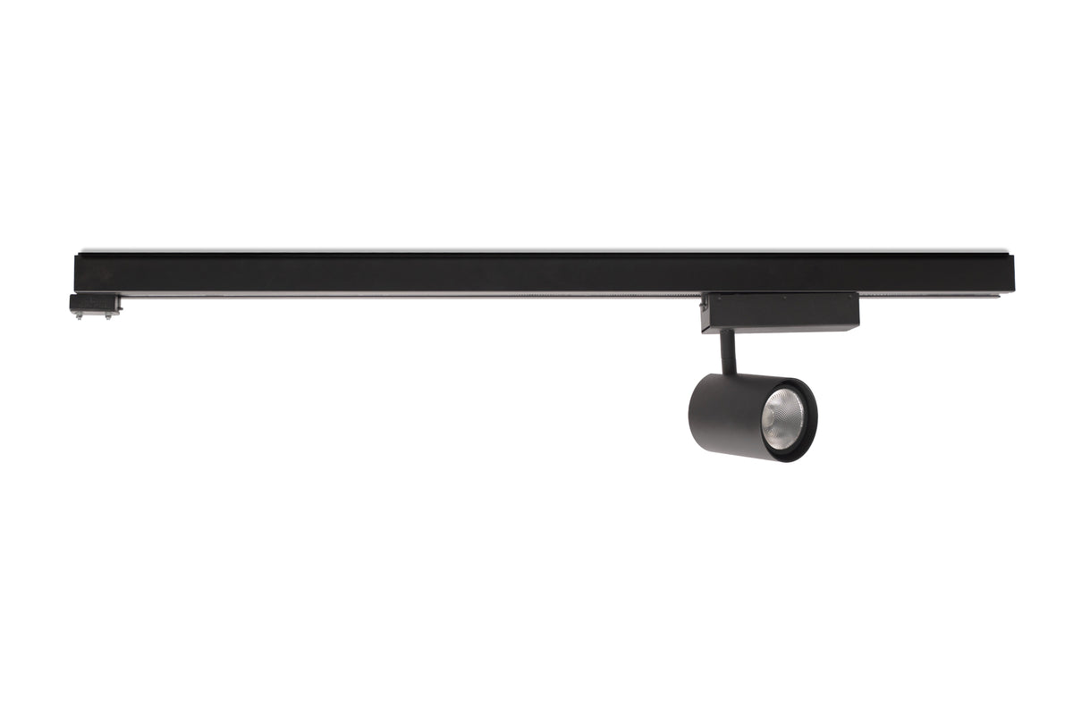Black track light fixture on a white background