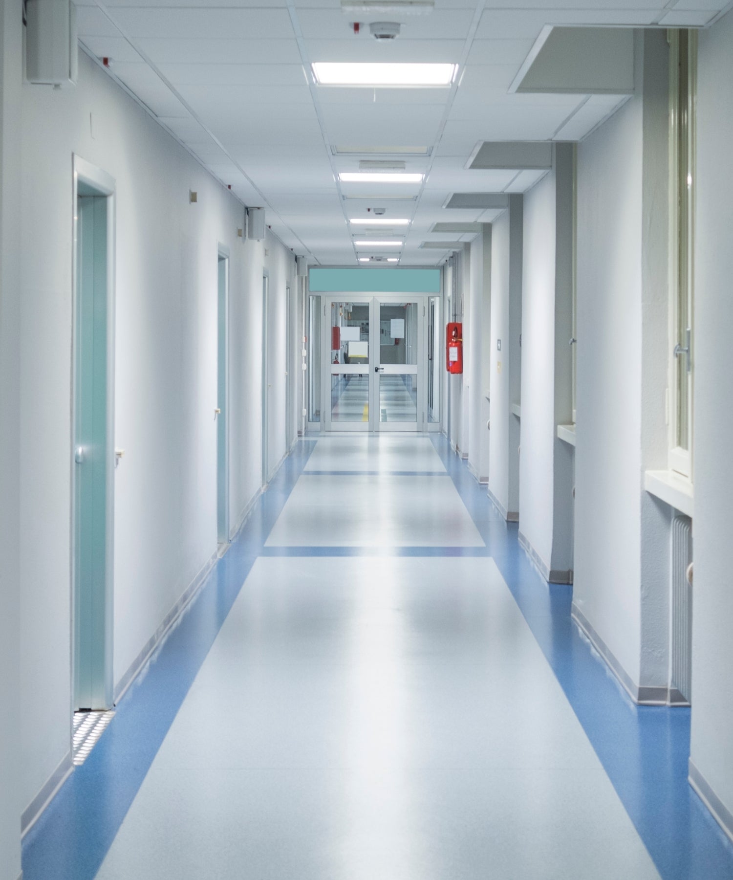 Long, straight hallway in a sterile environment with white walls and blue floor, showcasing hospital lights & medical lighting solutions.
