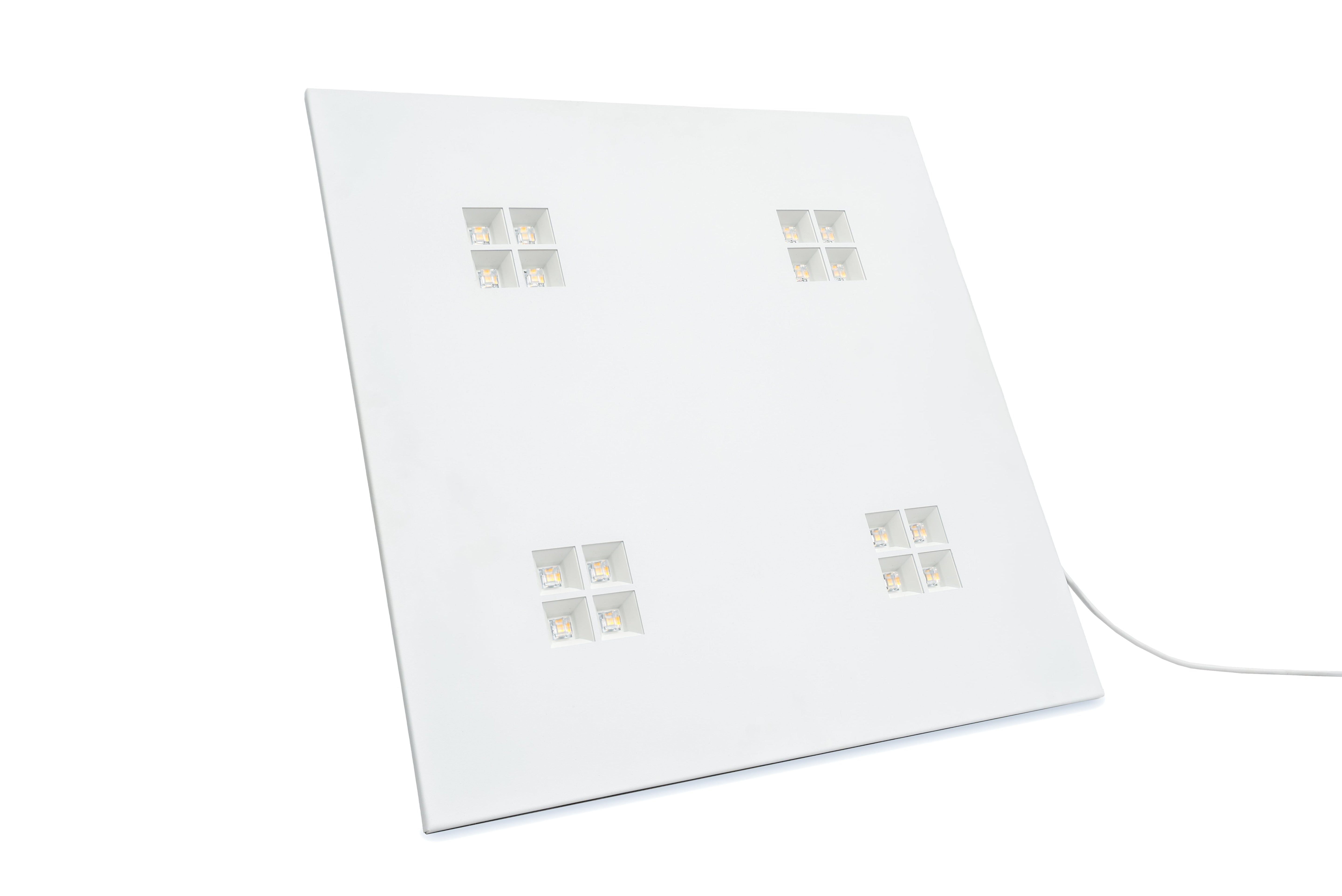 White LED grow light panel with four square lights on a white background