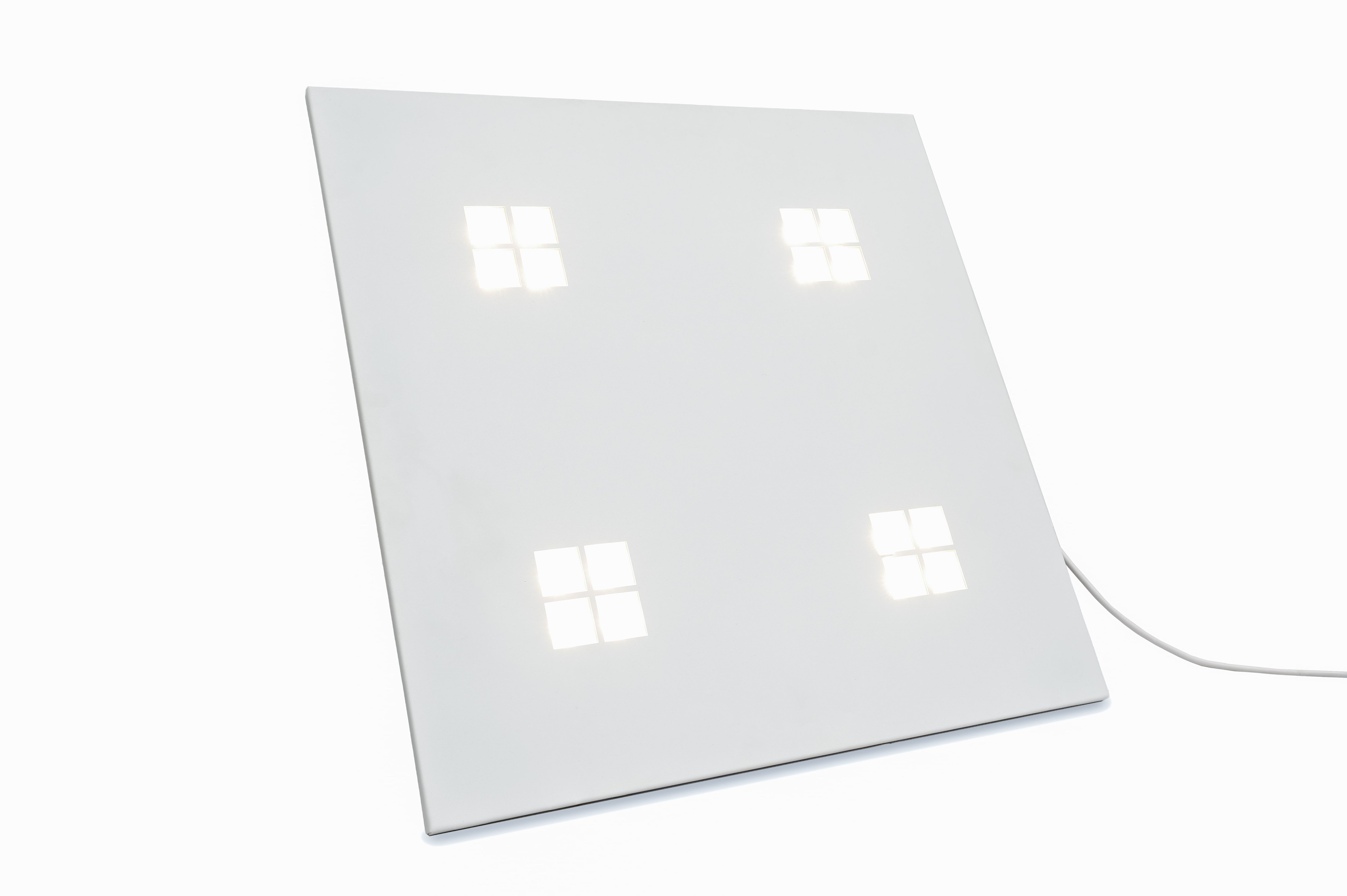 White square light fixture with four visible lights on a white background